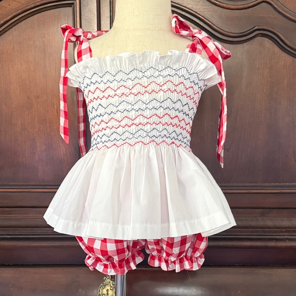 Stitchy Fish Smocked Red Gingham Bloomer Set 12M Baby Girl Boutique Outfit